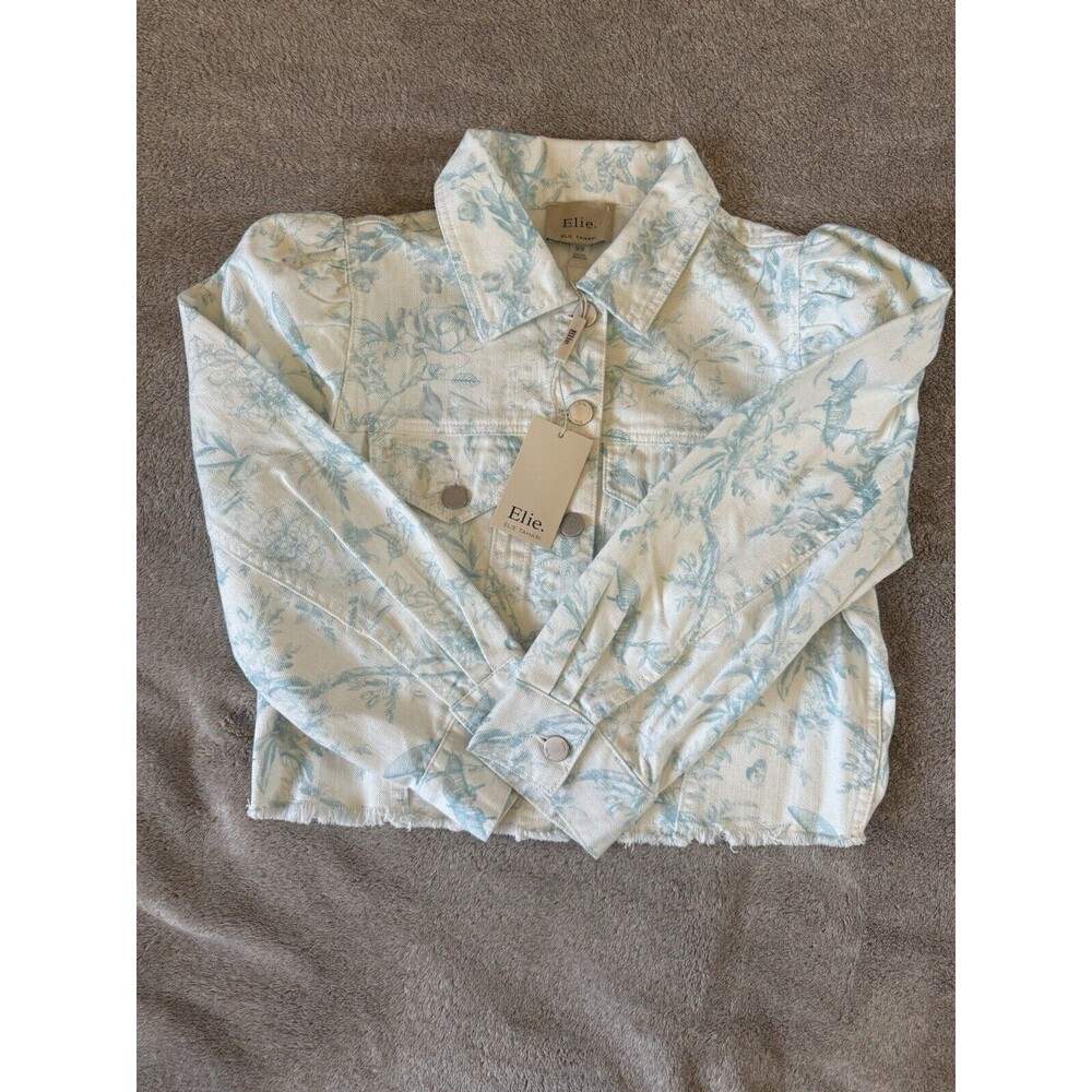 ELIE TAHARI Floral Denim Jacket Cropped Raw Hem White Blue Size M Cotton - Picture 4 of 16